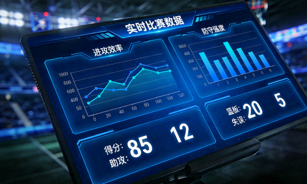 体育数据分析屏幕,显示比赛统计图表与数据指标面板