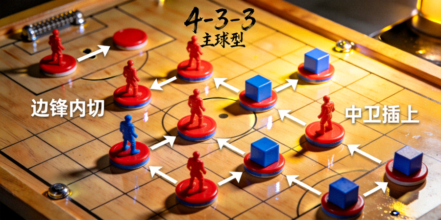 足球战术板上摆放着阵型棋子与跑位标记,用于复盘比赛阵型变化